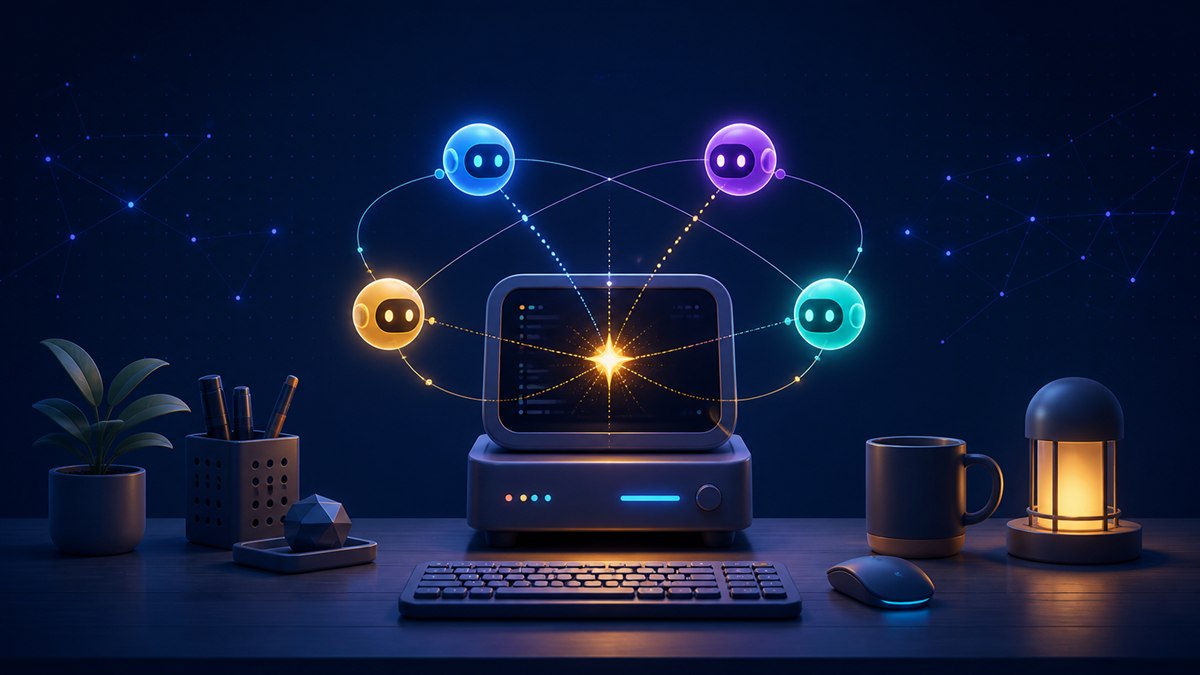 A personal workstation connecting several distinct AI agents through one central workbench.