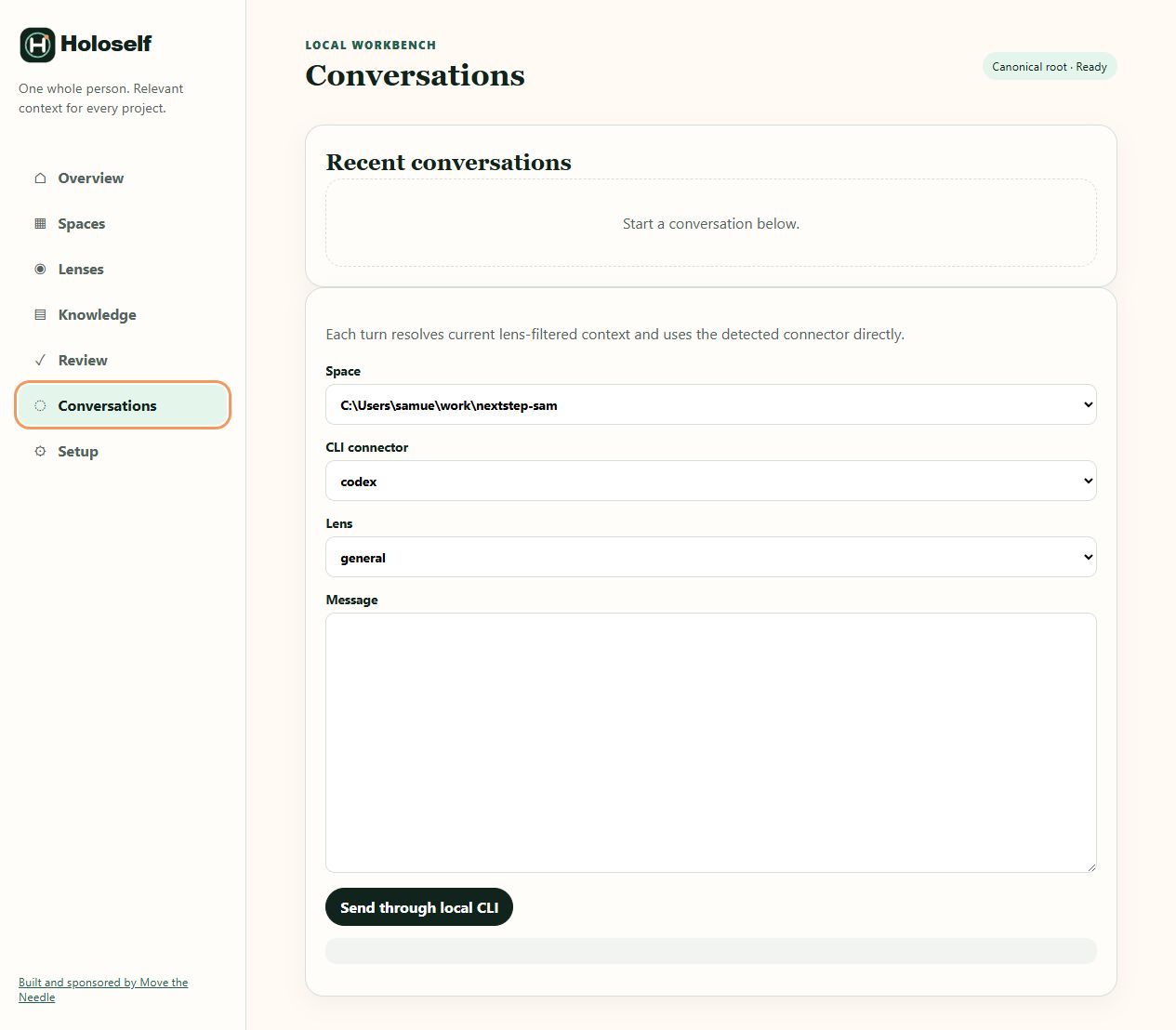 Holoself Workbench Conversations form with project Space, local connector, lens, and message selection