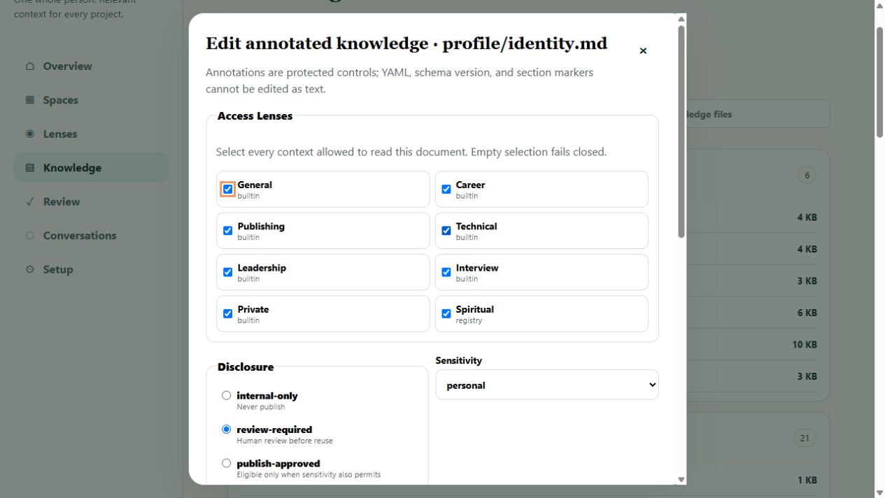 Holoself Workbench guarded knowledge editor with access lenses, disclosure, sensitivity, document role, and structured content controls
